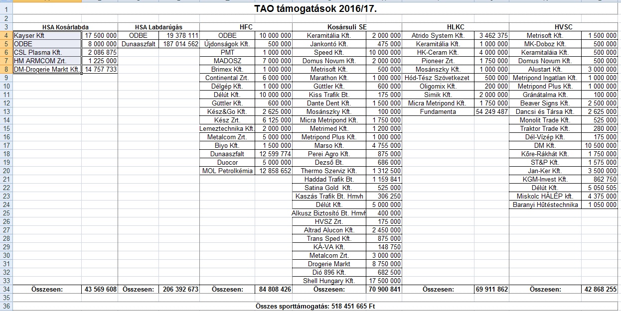 Vásárhelyi TAO pénzek 2014-2018 között 2