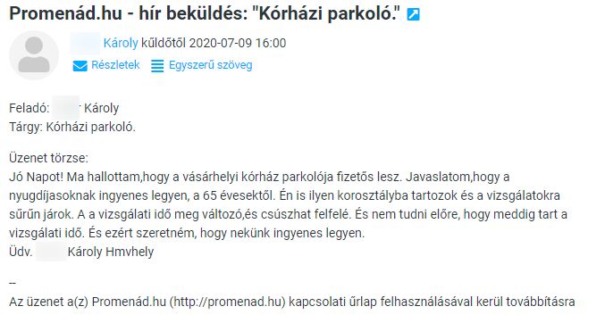 Olvasói levél: a 65 év felettieknek ne legyen fizetős a kórházparkoló!