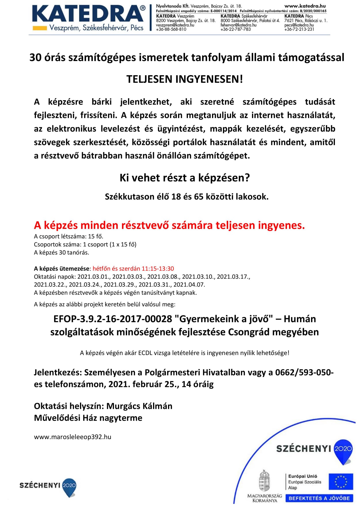 Ingyenes számítógépes ismeretek tanfolyam indul Székkutason